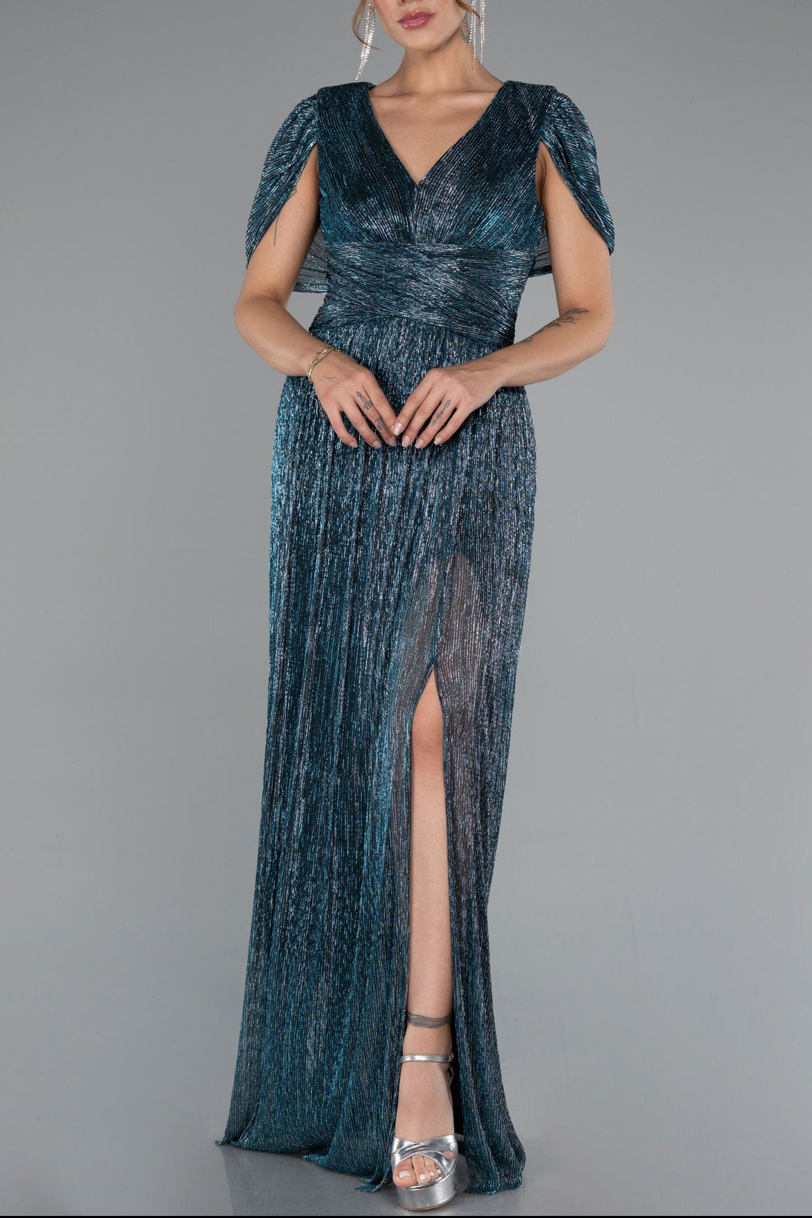 ディープオーシャンドレープバックロングドレスS(36)サイズ