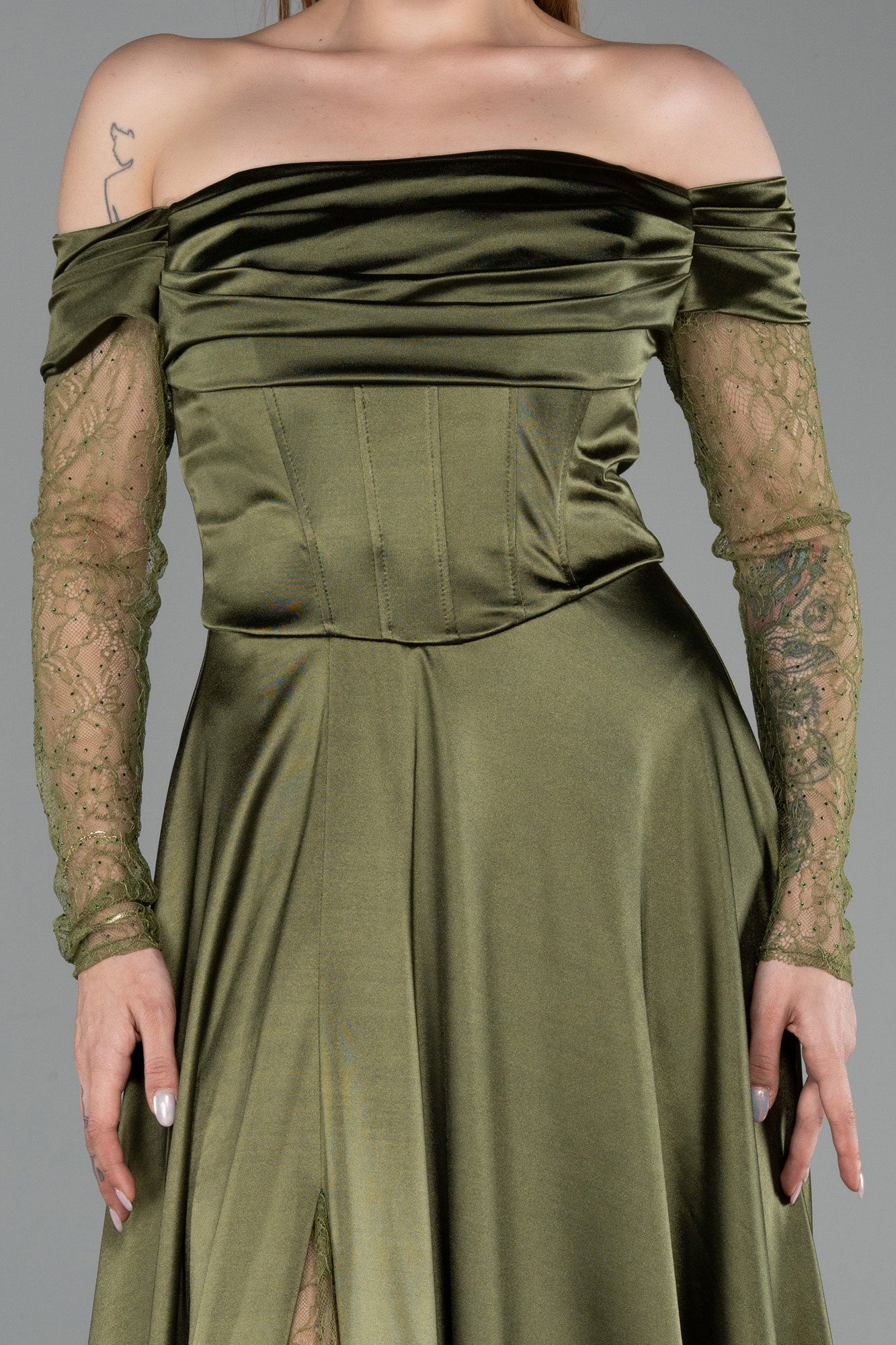 ヴィンテージカーキレースロングスリーブサテンロングドレスL(40)サイズ