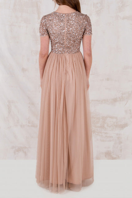 ビジューハーフスリーブVネックロングドレスブラウンMサイズ