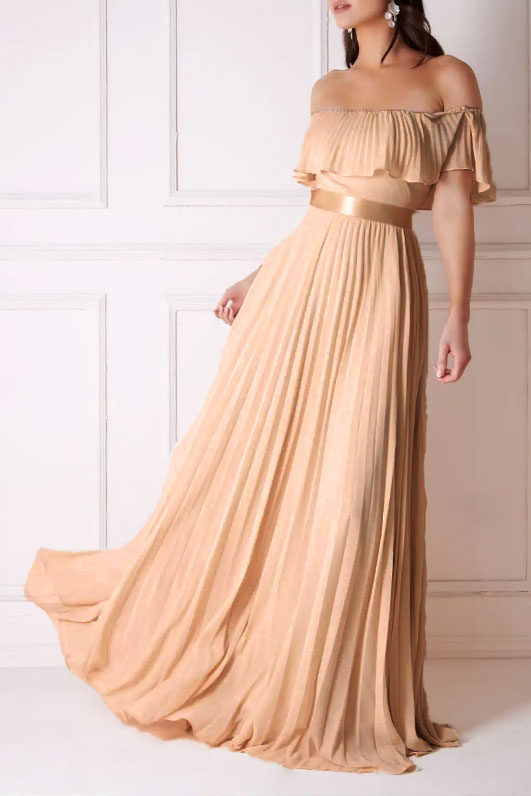 シフォンプリーツオフショルダーロングドレスベージュMサイズ