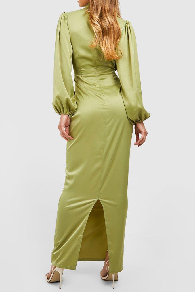 サテンブルゾンスリーブマキシドレスグリーンSサイズ