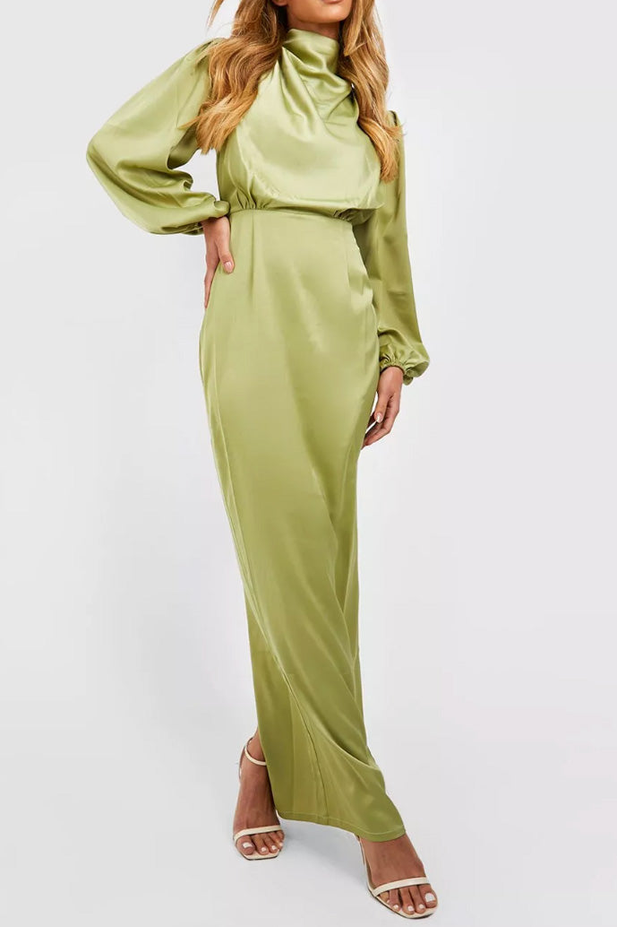 サテンブルゾンスリーブマキシドレスグリーンSサイズ