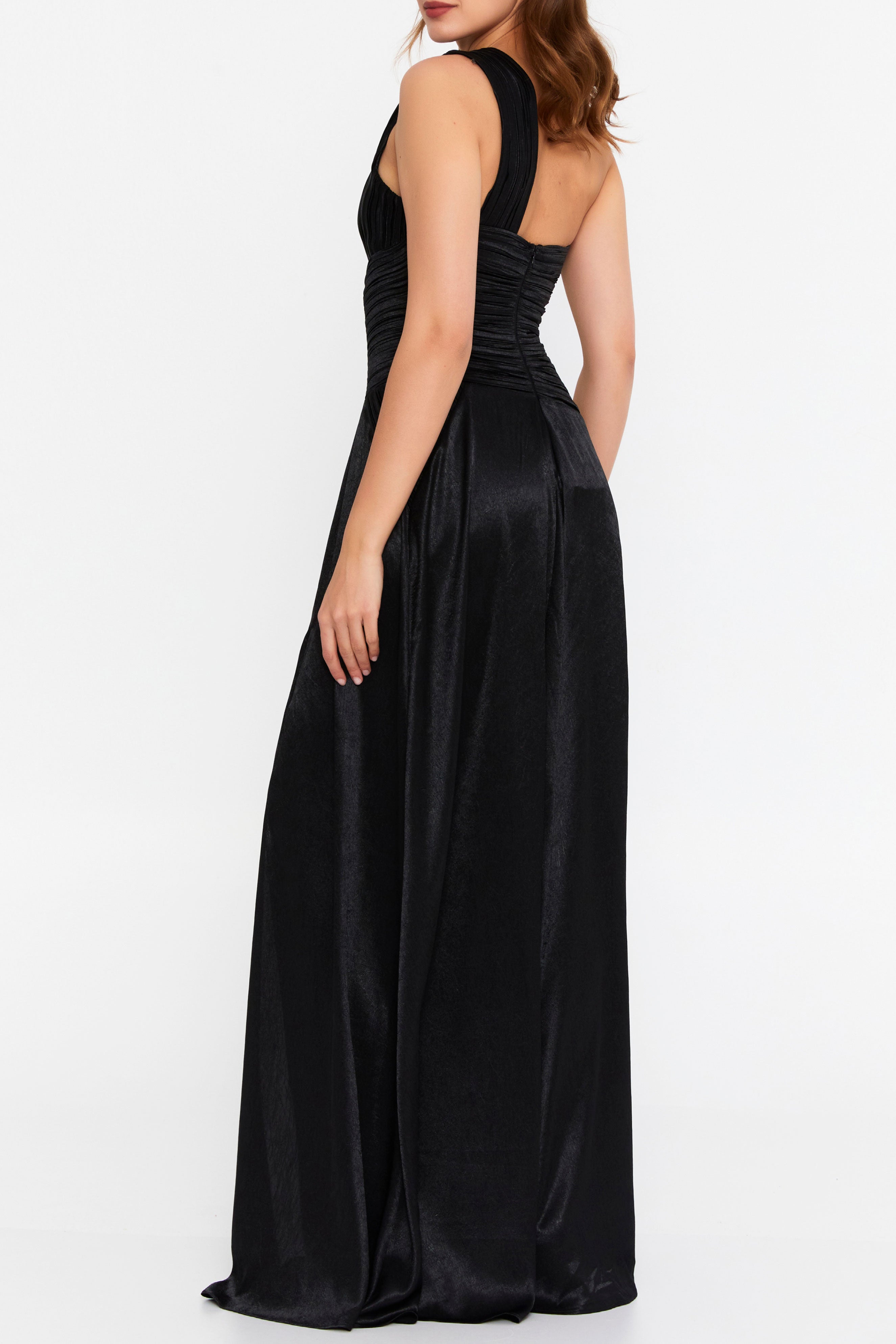 サテンワンショルダーロングドレスブラックSサイズ(38)