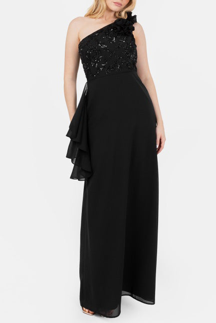 ビジューワンショルダーロングドレスブラックSサイズ