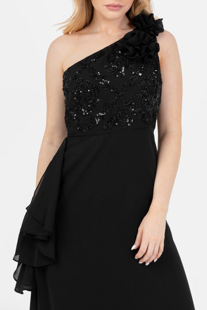 ビジューワンショルダーロングドレスブラックSサイズ