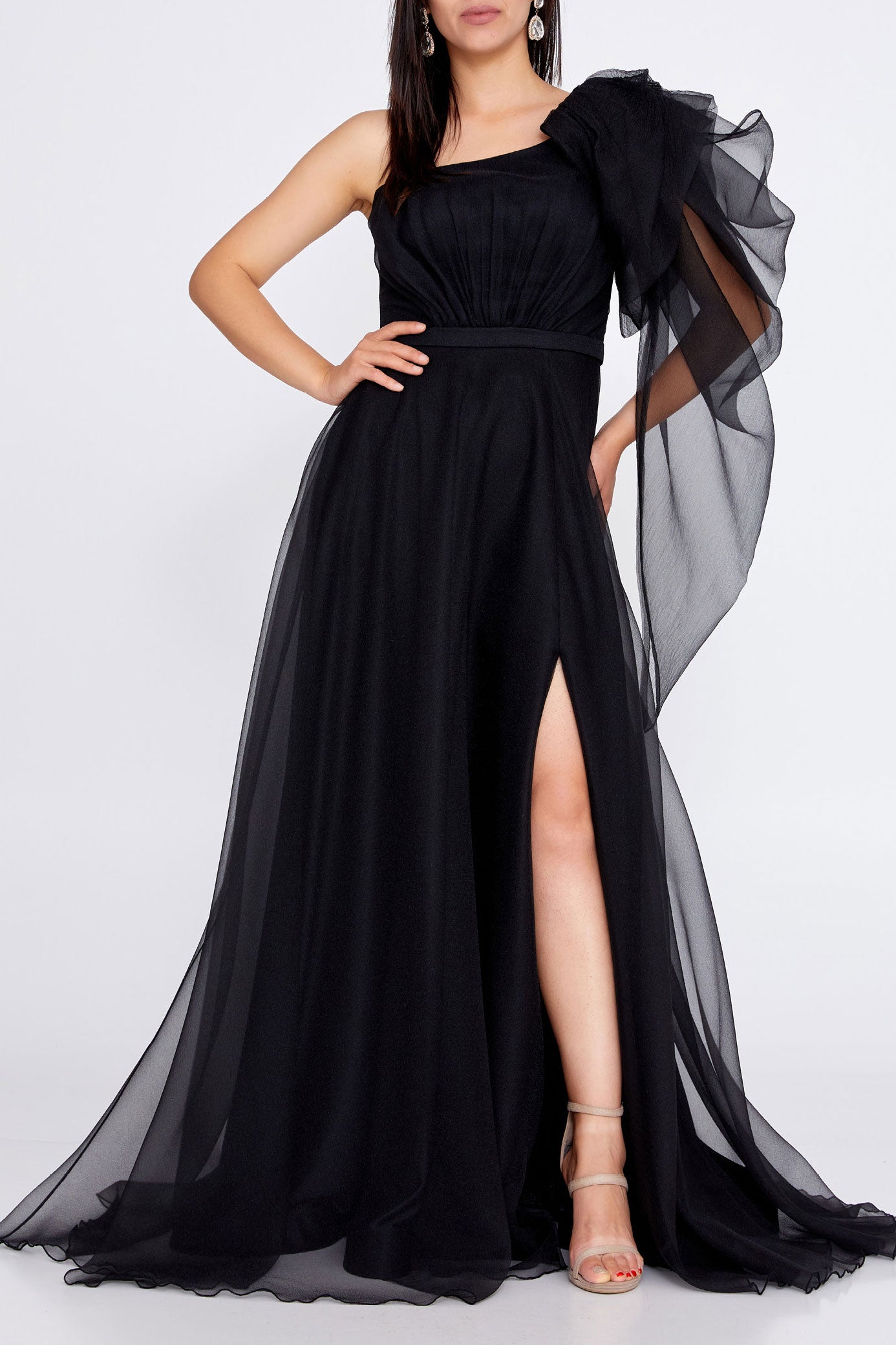 ボリュームワンショルダーAラインドレスブラックLサイズ(42)