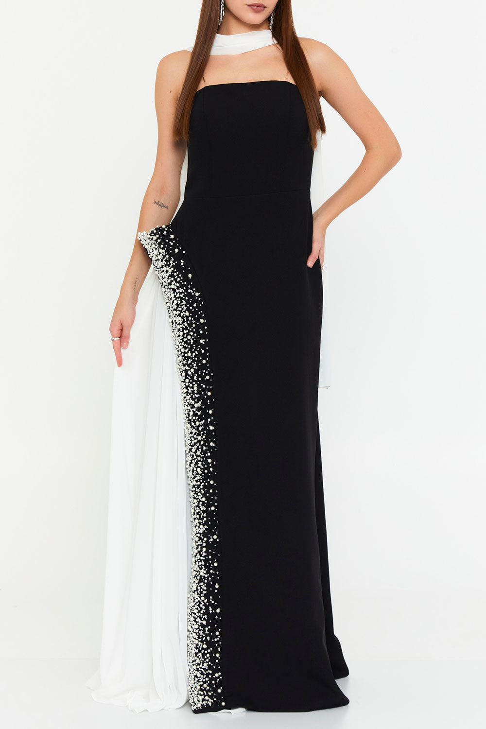 バイカラー・パールトリム・ロングドレスブラックSサイズ(38)(スカーフ付き)