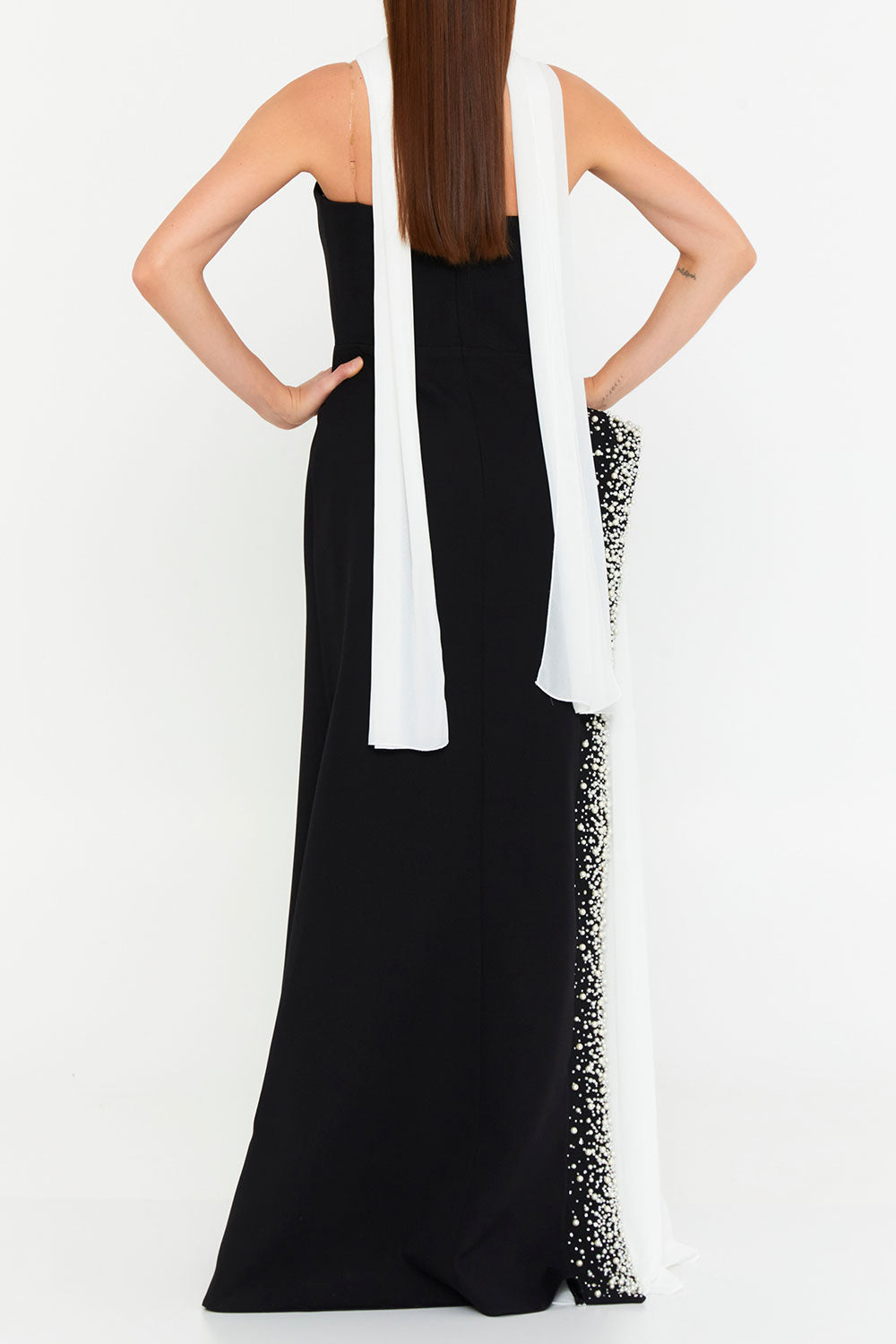 バイカラー・パールトリム・ロングドレスブラックSサイズ(38)(スカーフ付き)