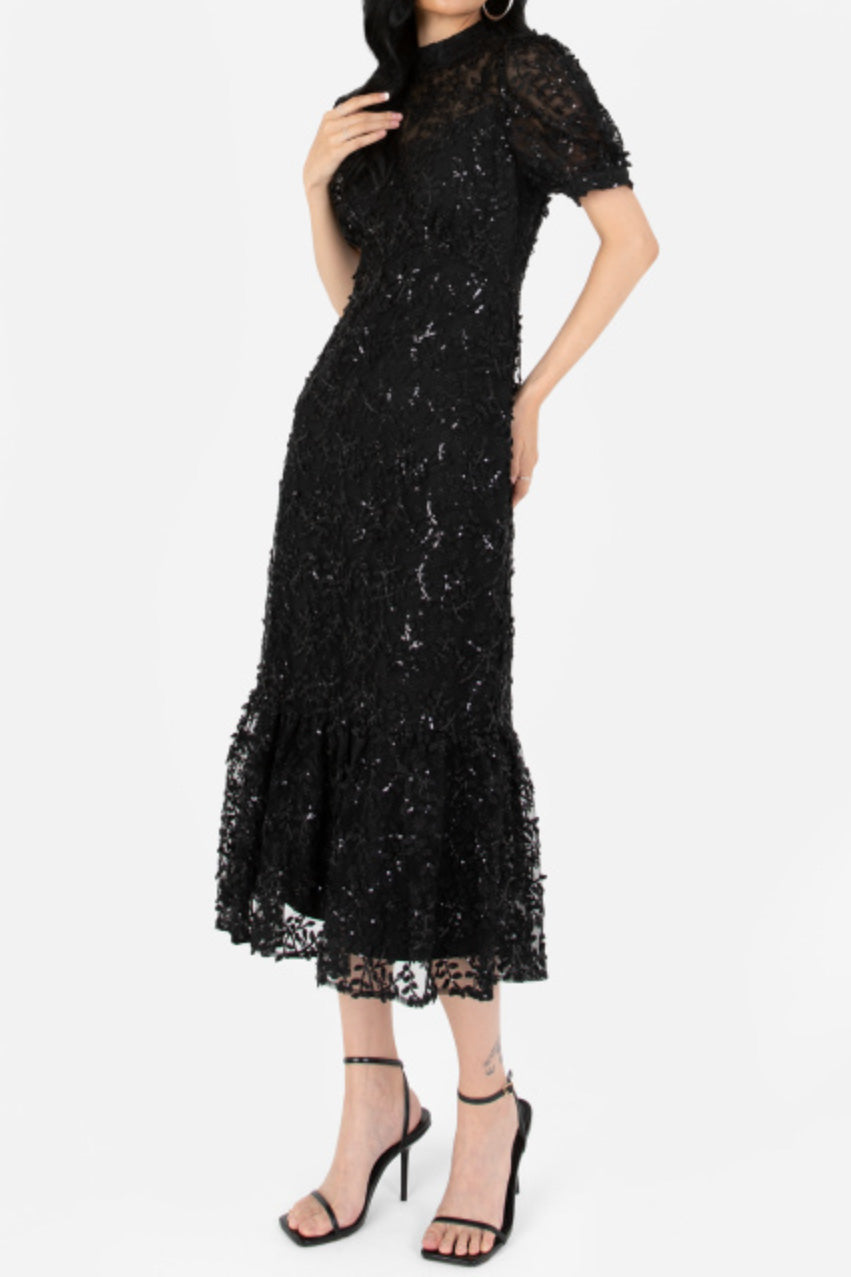 フローラルエンブロイダリースタンドネックミディドレスブラックMサイズ