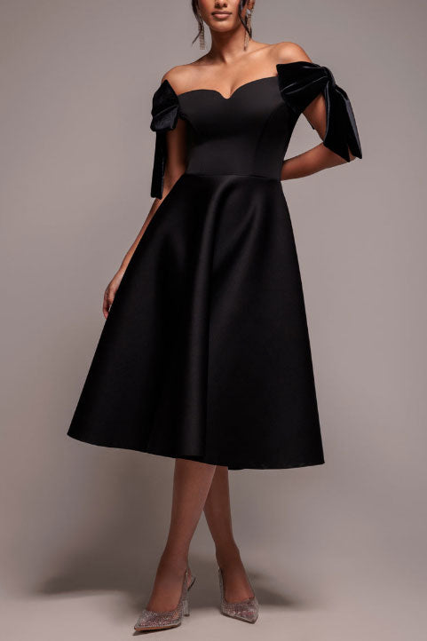 ボンディングベルベットリボンオフショルダーミディドレスブラックSサイズ