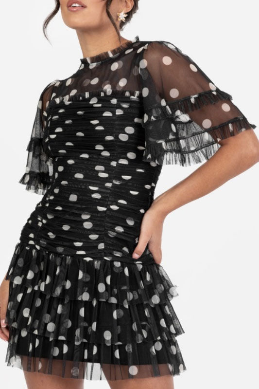 ポルカドットギャザーミニドレスブラックSサイズ