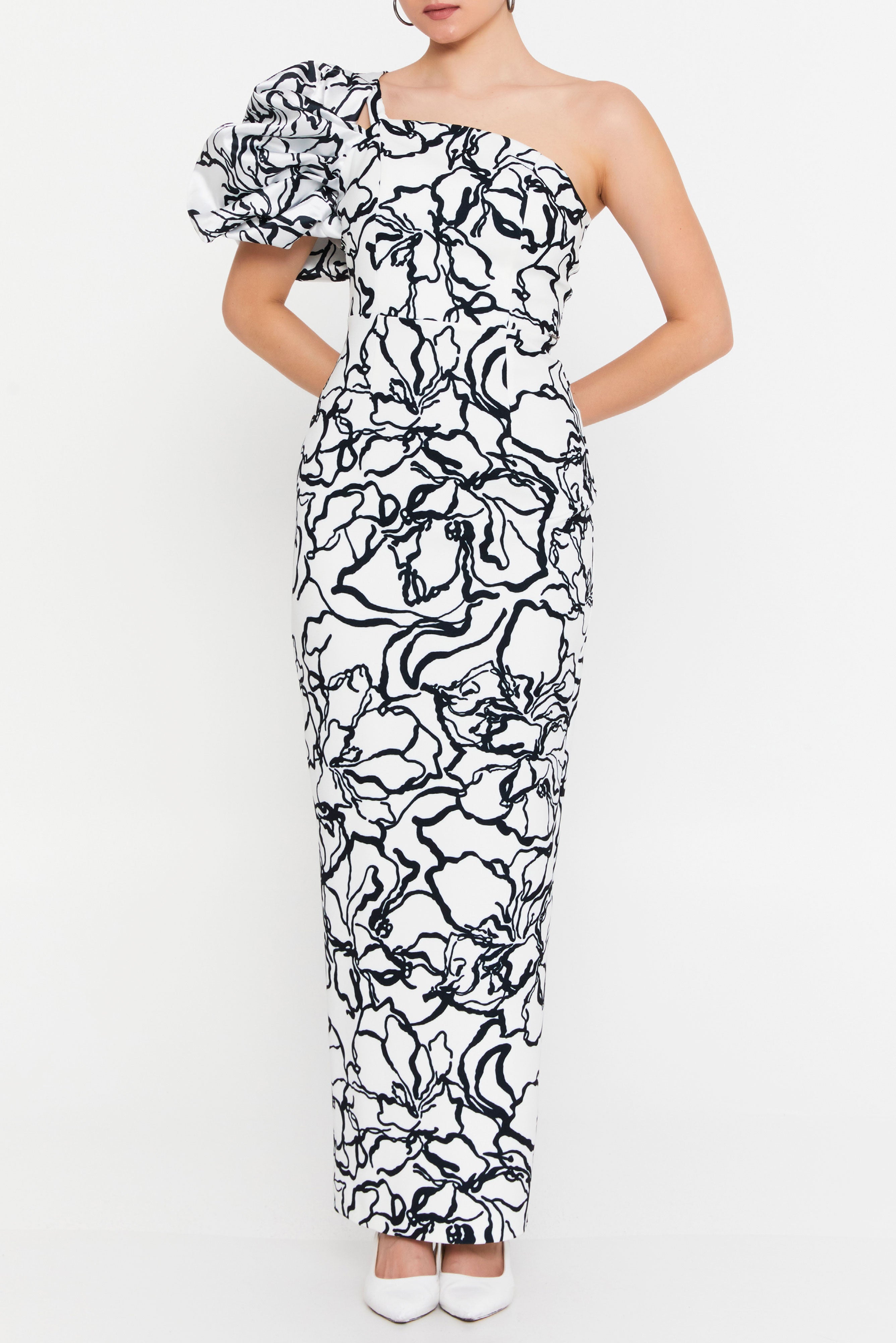 プリントボリュームワンショルダーロングドレスブラック×ホワイトXLサイズ(40)