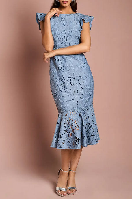 ギピュールレースマーメイドミディドレスライトブルーSサイズ