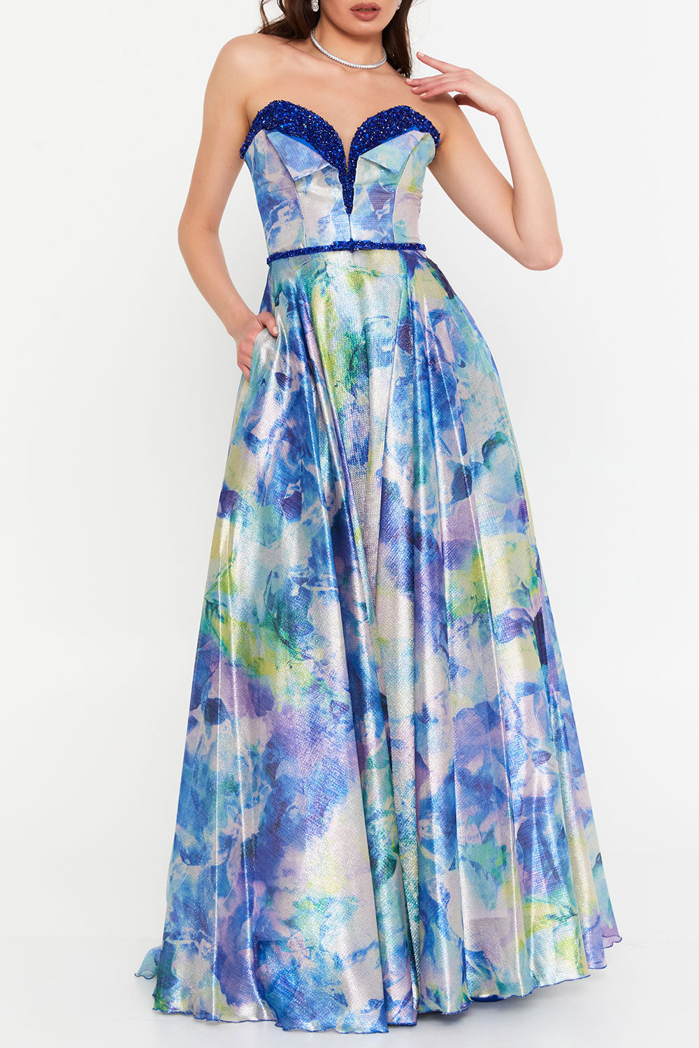 フローラルラメAラインドレスブルーSサイズ(38)