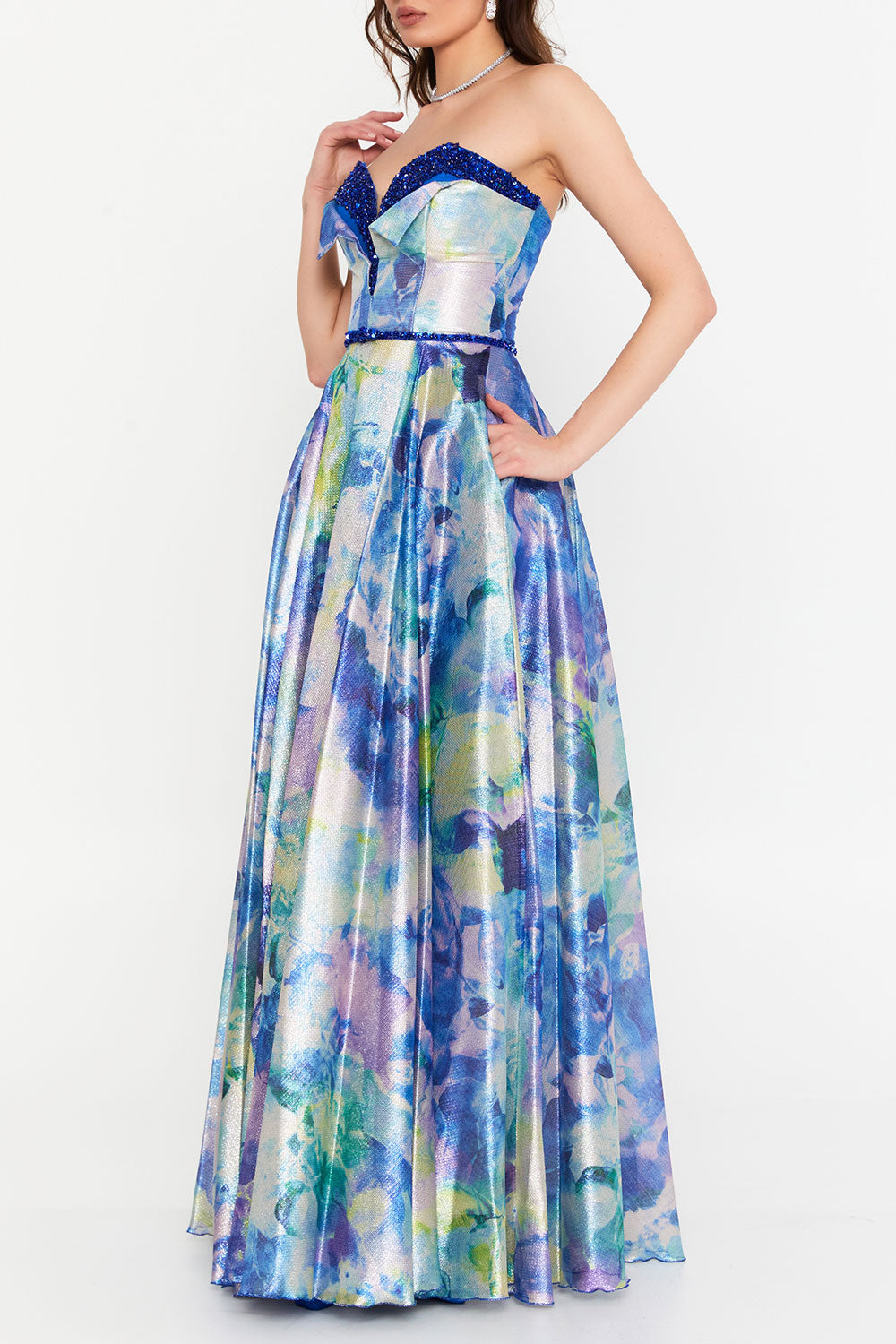 フローラルラメAラインドレスブルーSサイズ(38)