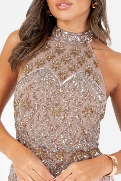 クリスタルビジューホルターネックロングドレスブラウンMサイズ