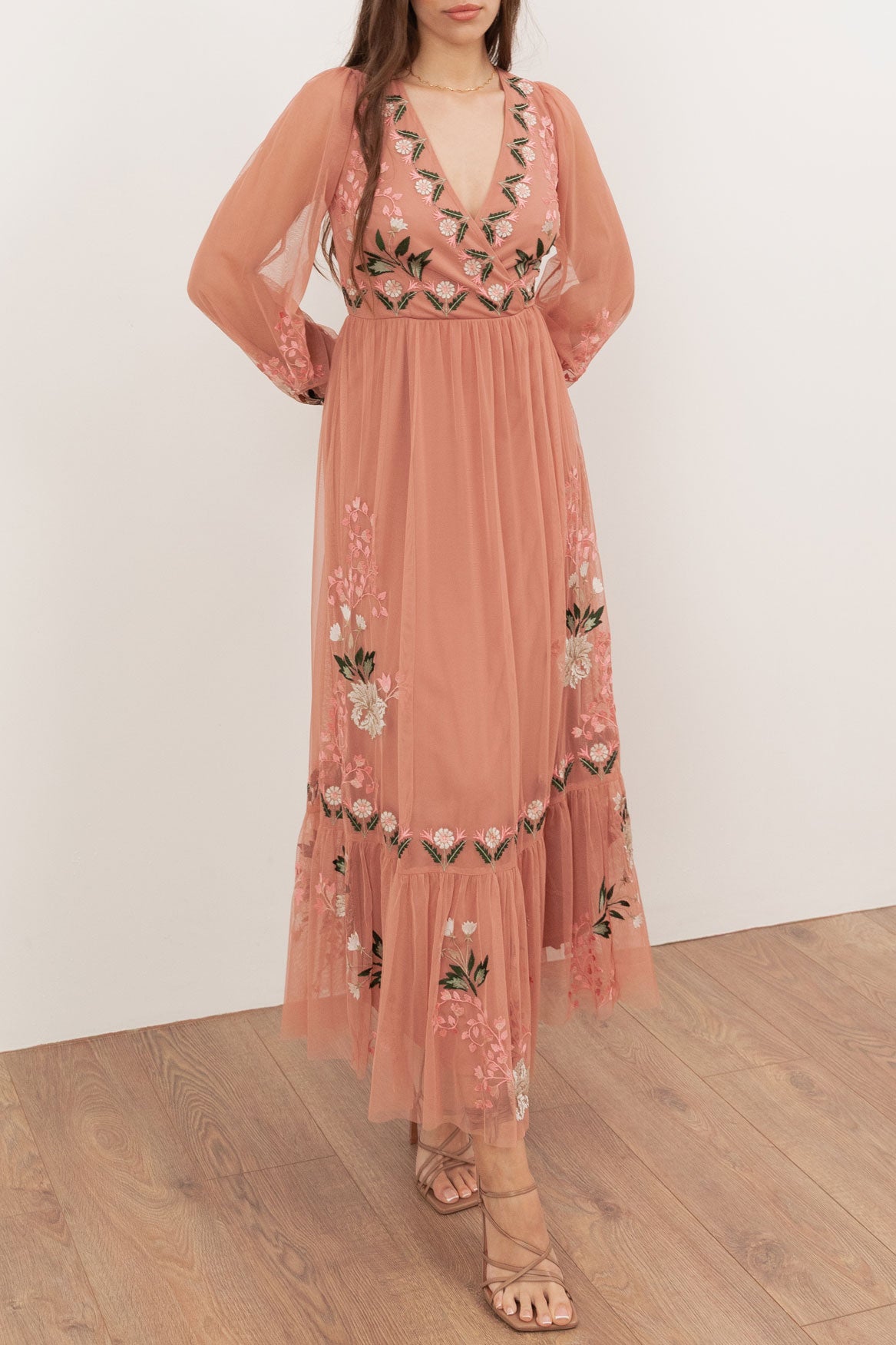 ボタニカル刺繍チュールカシュクールミディドレステラコッタMサイズ