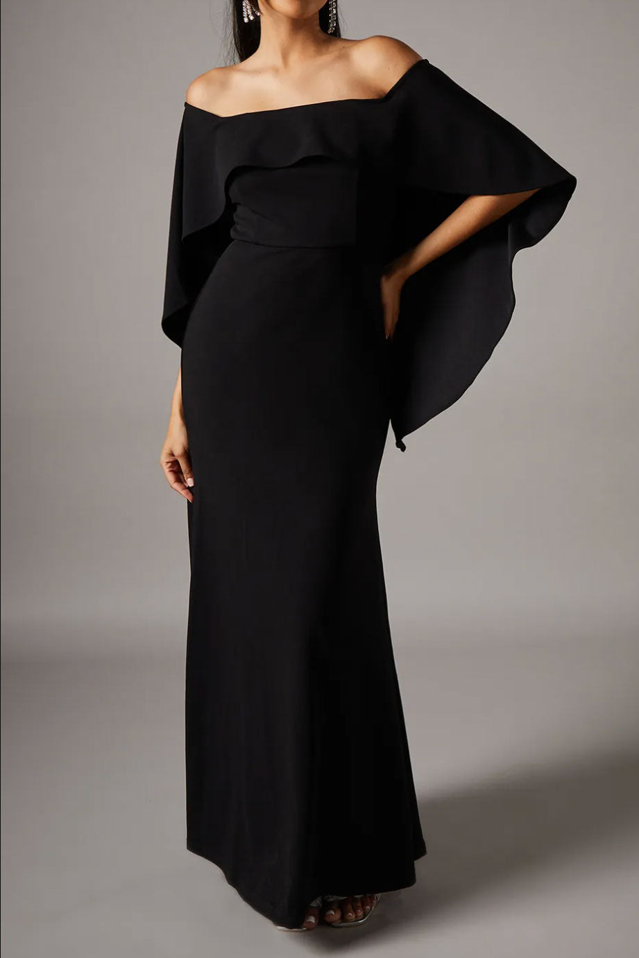 オフショルダーケープレットロングドレスブラックMサイズ