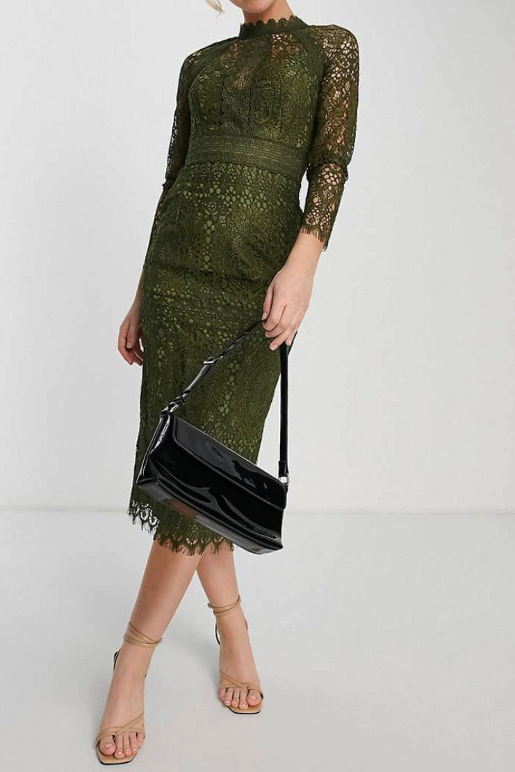 レーストリムロングスリーブペンシルスカートミディドレスカーキSサイズ