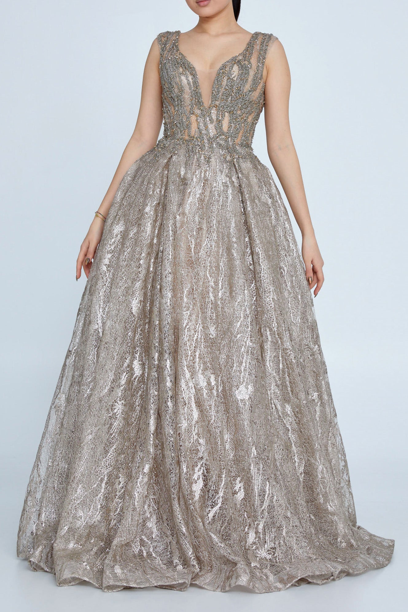 レース×グリッターAラインドレスゴールドXSサイズ