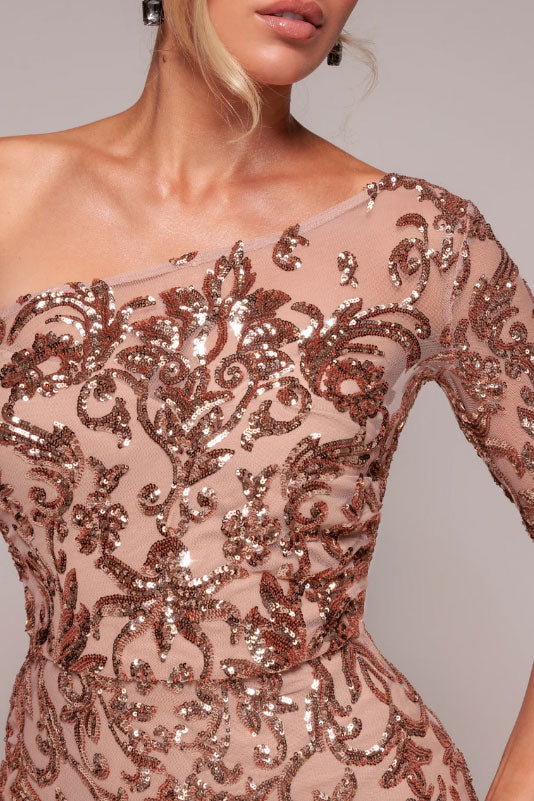 スパンコールワンショルダーケープスリーブロングドレスローズゴールドSサイズ