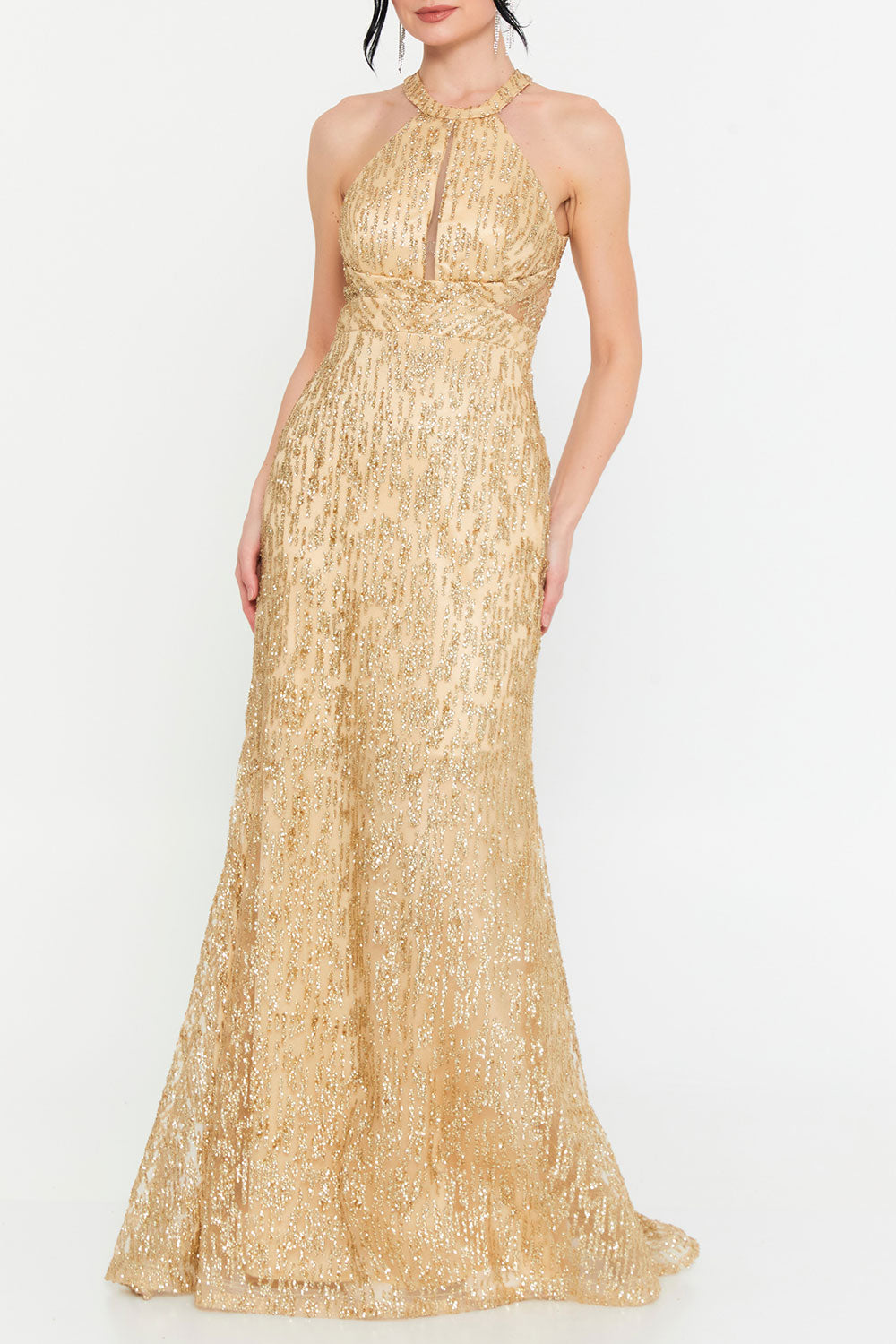 グリッターホルターネックロングドレスゴールドSサイズ(38)
