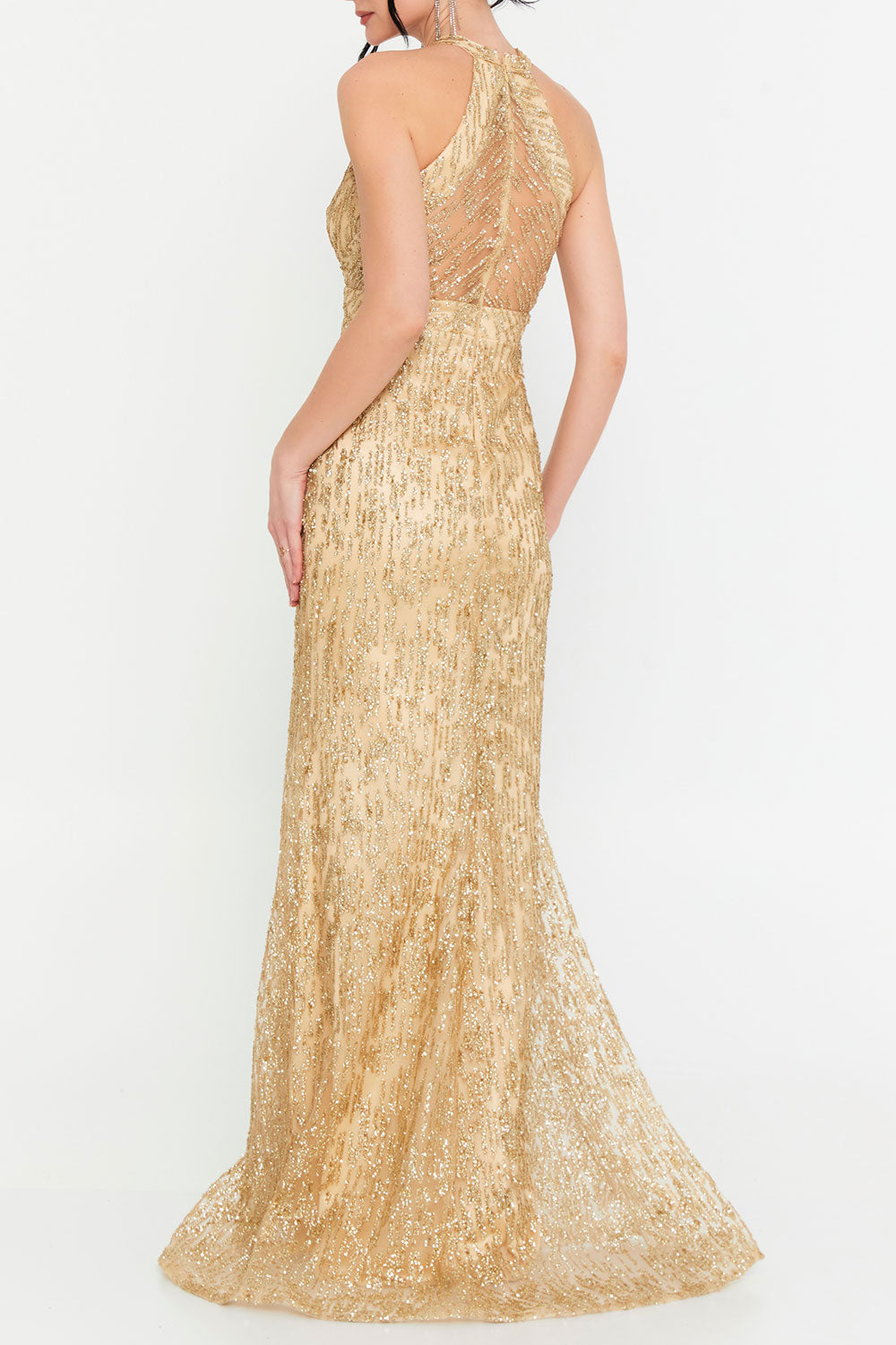 グリッターホルターネックロングドレスゴールドSサイズ(38)