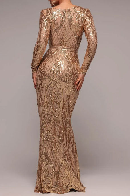 スパンコールスクエアネックロングドレスゴールドSサイズ