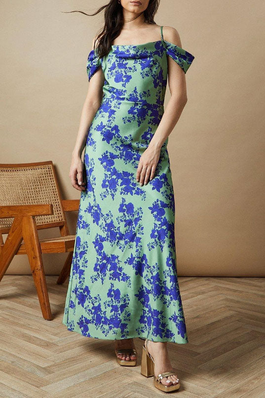 コールドショルダープリントサテンロングドレスグリーンMサイズ