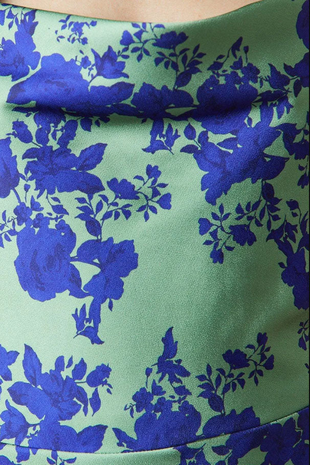 コールドショルダープリントサテンロングドレスグリーンMサイズ