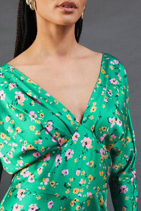 アシンメトリーヘムフラワープリントサテンドレスグリーンMサイズ