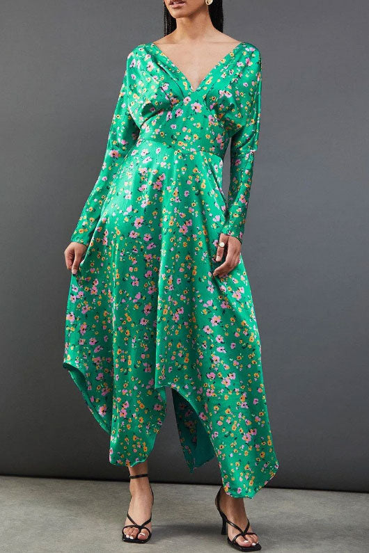 アシンメトリーヘムフラワープリントサテンドレスグリーンMサイズ