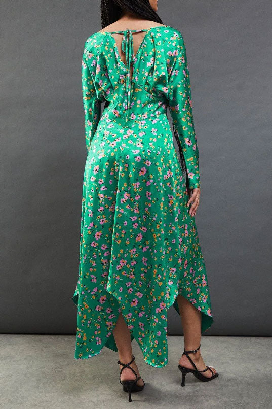 アシンメトリーヘムフラワープリントサテンドレスグリーンMサイズ