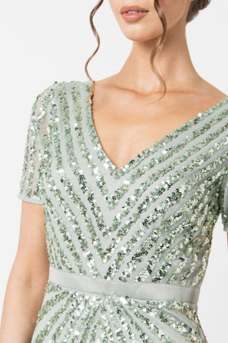 セージスパンコールVネックロングドレスMサイズ