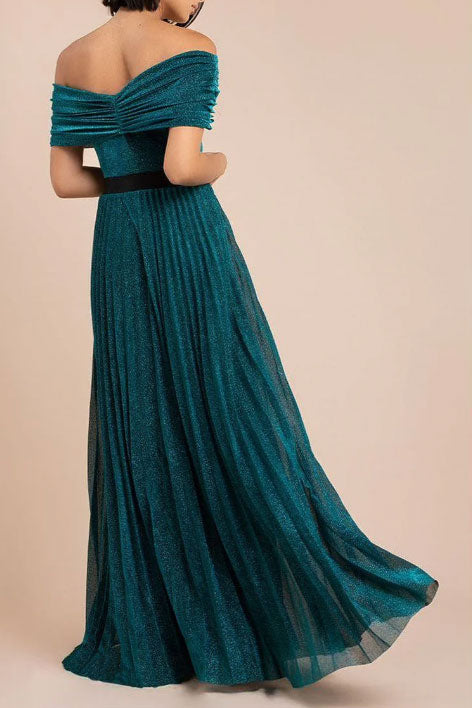 シャイニーオフショルダープリーツロングドレスグリーンMサイズ