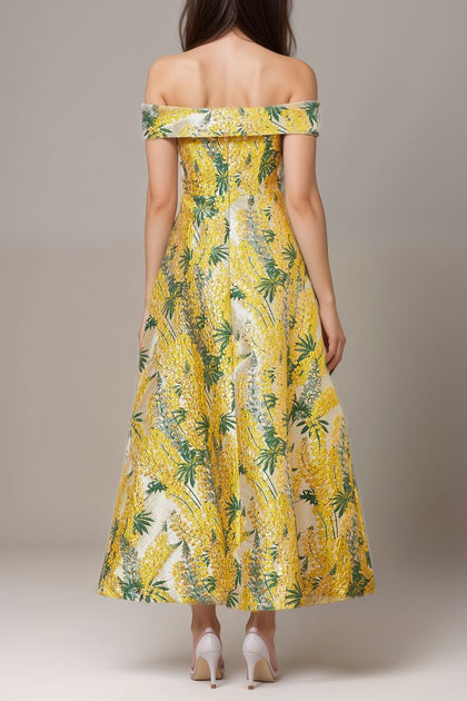 オフショルダージャガードミディドレスイエローSサイズ