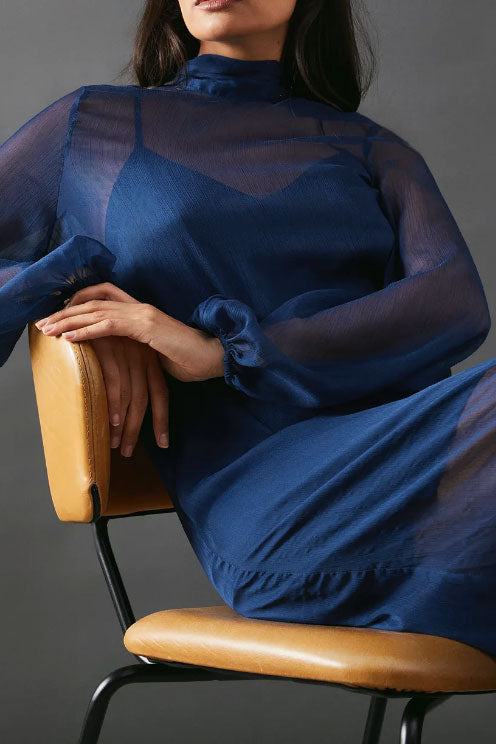 シアーデザインミディドレスネイビーフリーサイズ