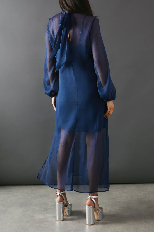 シアーデザインミディドレスネイビーフリーサイズ