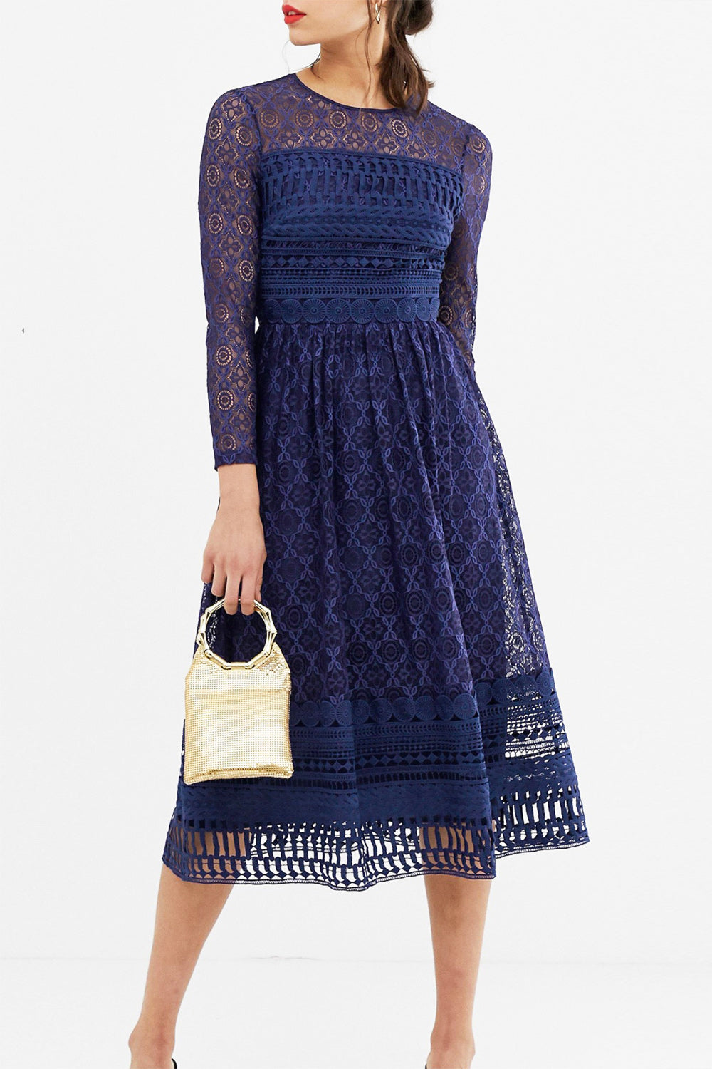 プレミアムレースロングスリーブショートドレスネイビーブルーSサイズ