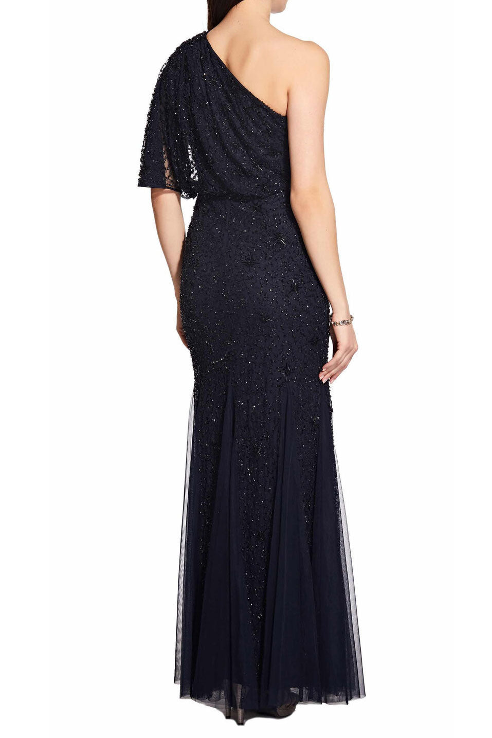 ビジューワンショルダーロングドレスネイビーSサイズ