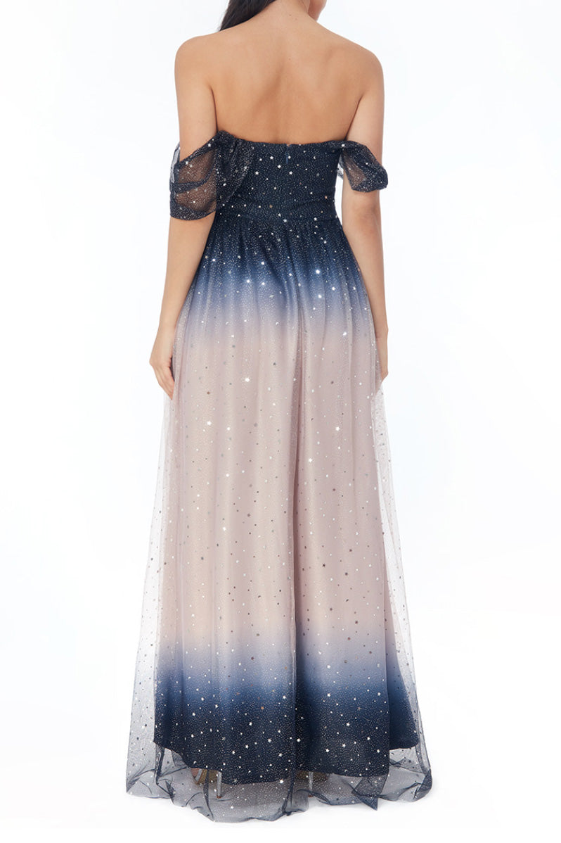 グラデーションオフショルダーロングドレスネイビー&ピンクMサイズ