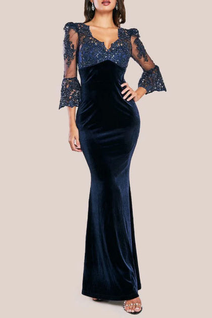 スカラップレースベルベットロングドレスネイビーM – dresspeople