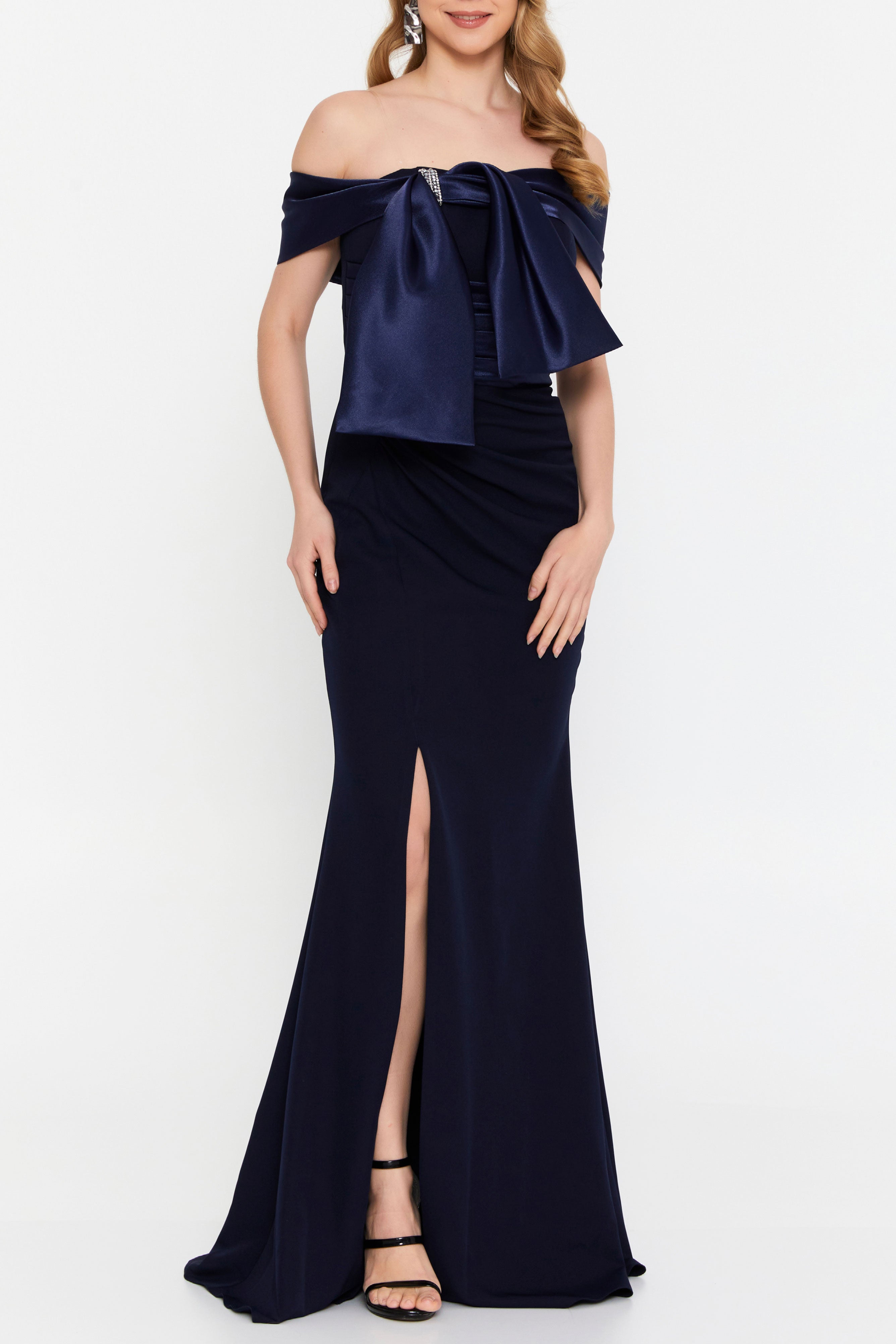 リボンモチーフロングドレスネイビー(42)サイズ