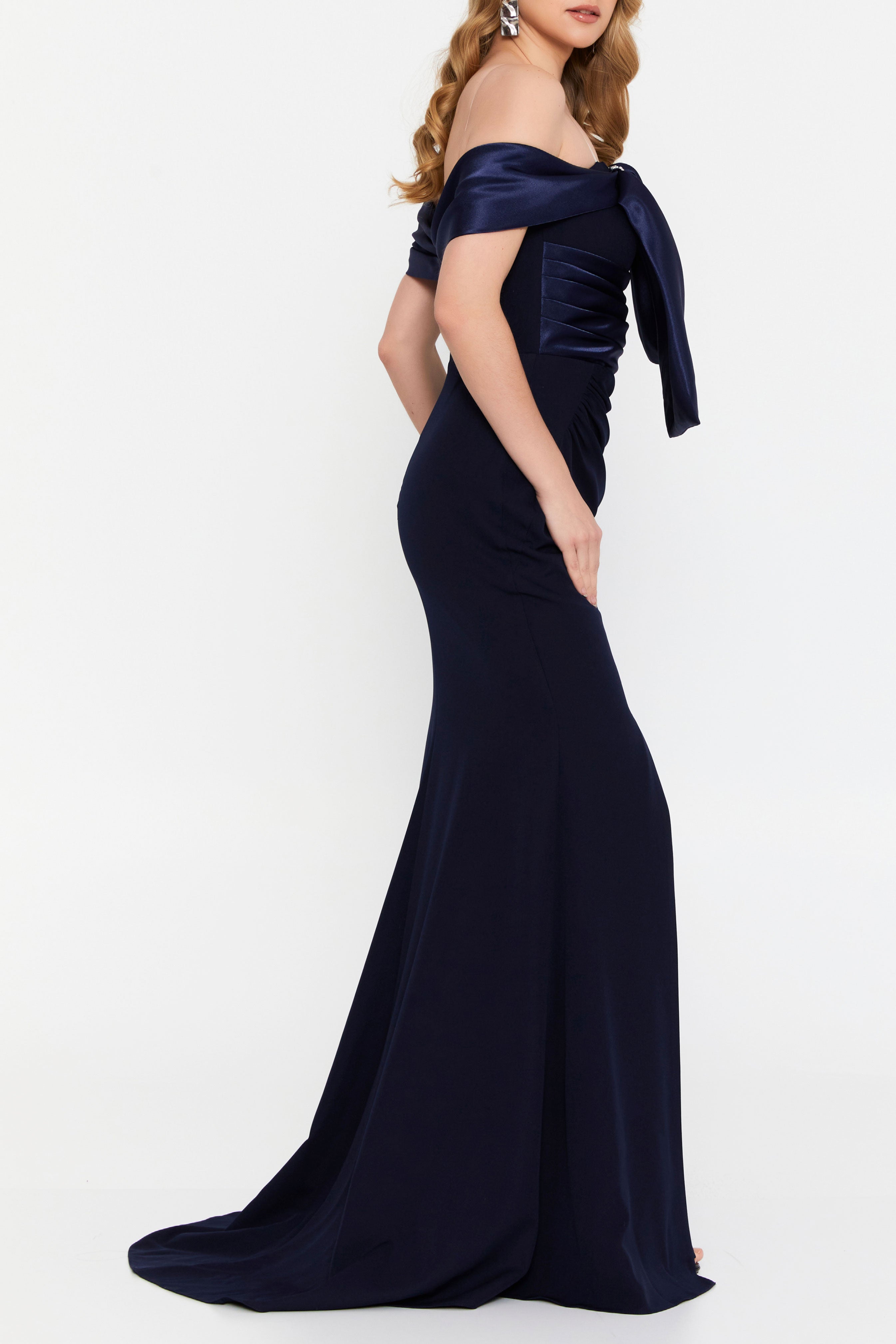 リボンモチーフロングドレスネイビーLサイズ(40)