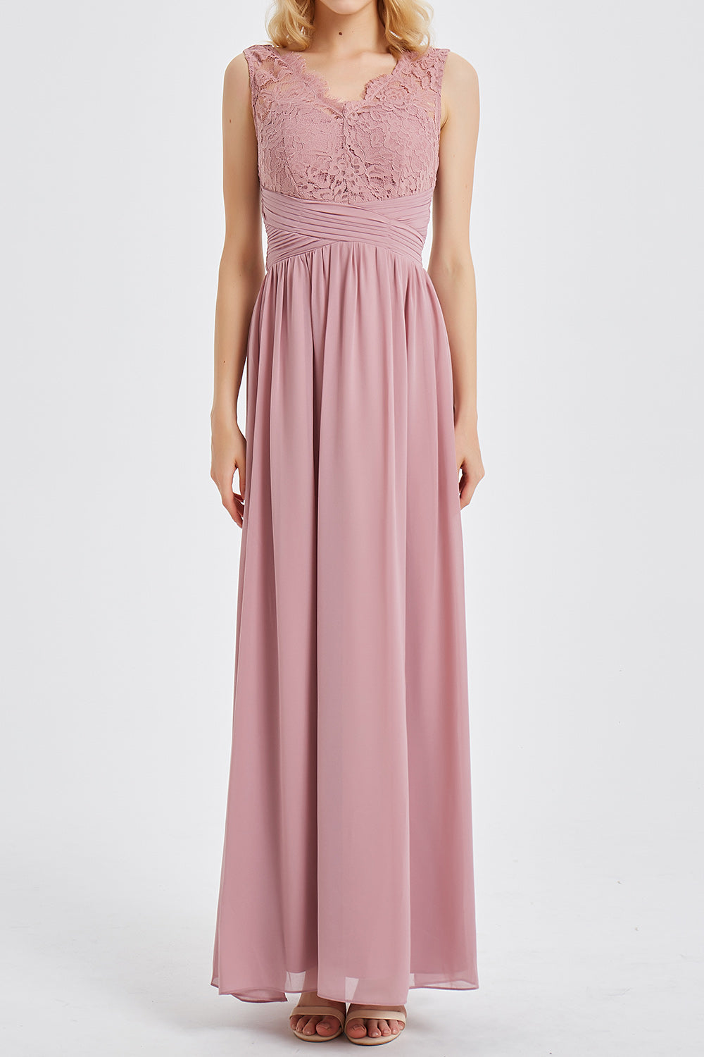 レースVネックシフォンロングドレス・ローズピンク・Mサイズ