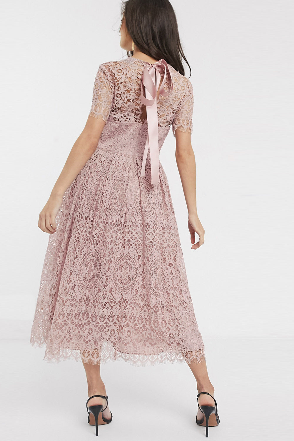 レースリボンバックミディドレスローズピンクSサイズ