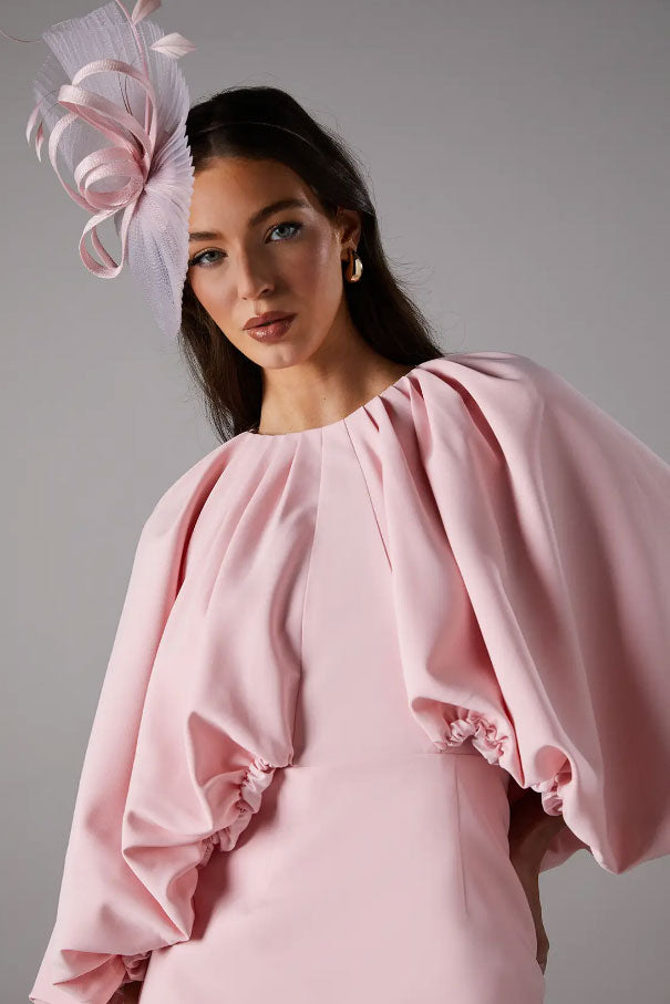 バルーンスリーブオーバーレイミディドレスピンクMサイズ