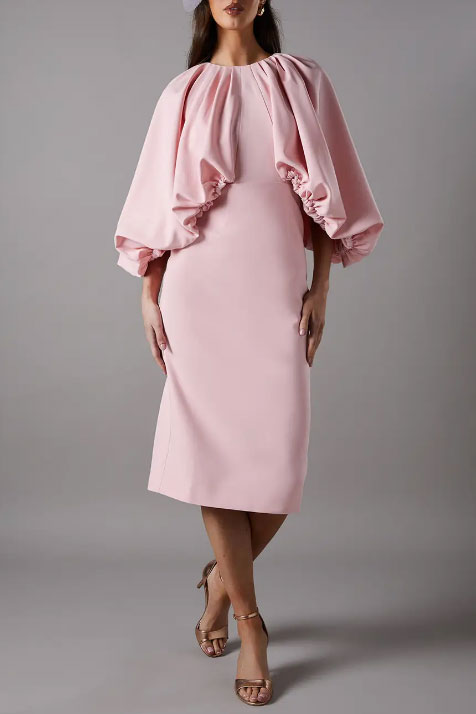 バルーンスリーブオーバーレイミディドレスピンクMサイズ