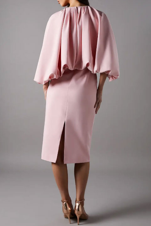 バルーンスリーブオーバーレイミディドレスピンクMサイズ