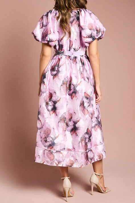 シアーフローラルパフスリーブミディドレスMサイズ